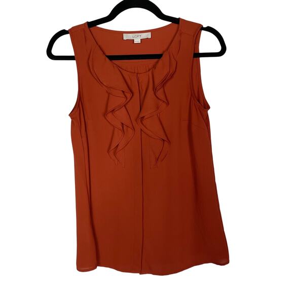 LOFT XSmall Rust Orange Ruffled Sleeveless Blouse Hidden Button Front Ann Taylor - Picture 1 of 6